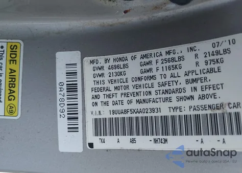 2010 Acura Tl 3.5 from USA, damaged, VIN 19UUA8F5XAA023931